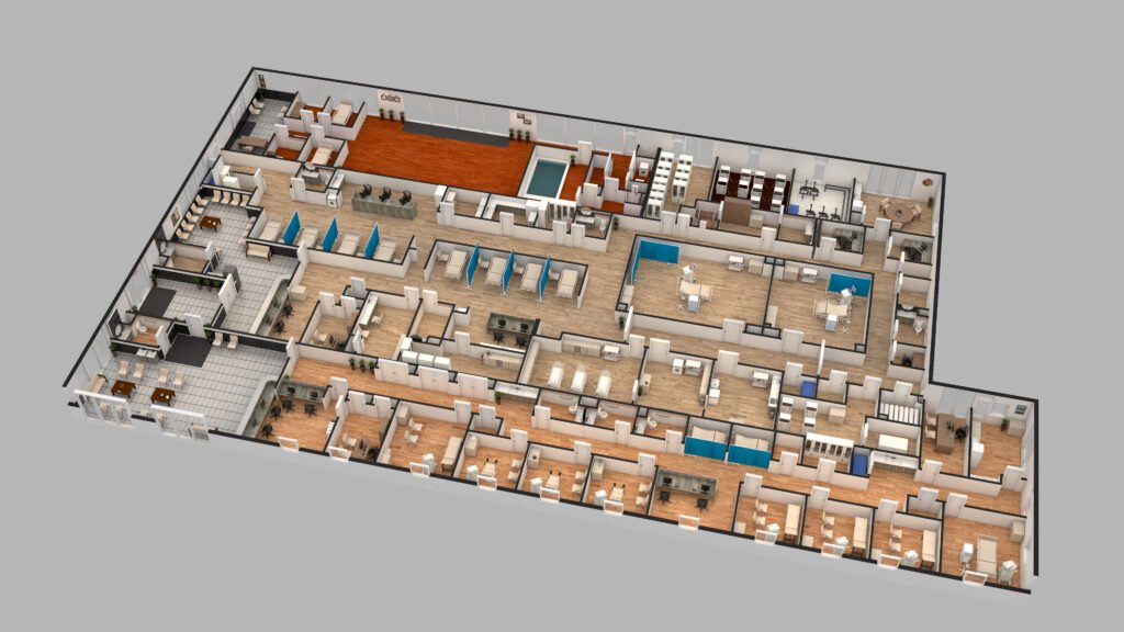Hospital floor plan with color-coded departments and patient care zones in Lewes, Delaware