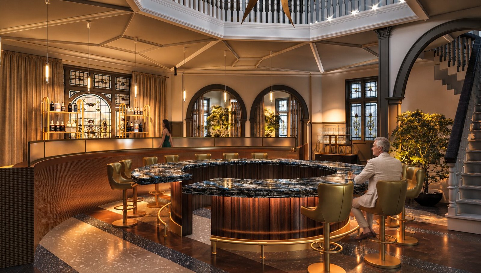 Detailed view of a circular bar with seating — Hotel Interior Rendering