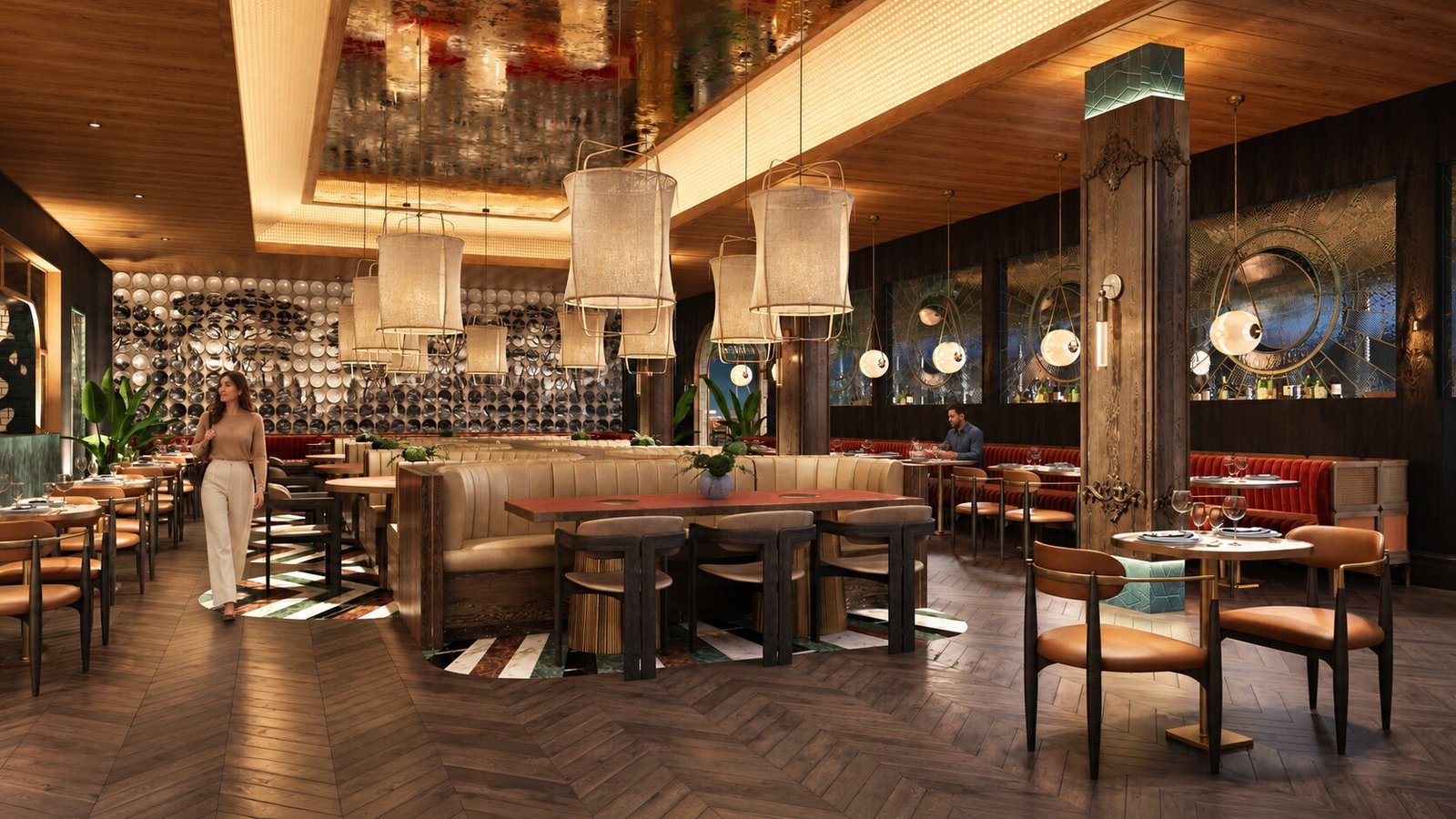 Restaurant interior with a mix of textures and materials — 3D Interior Rendering Oklahoma