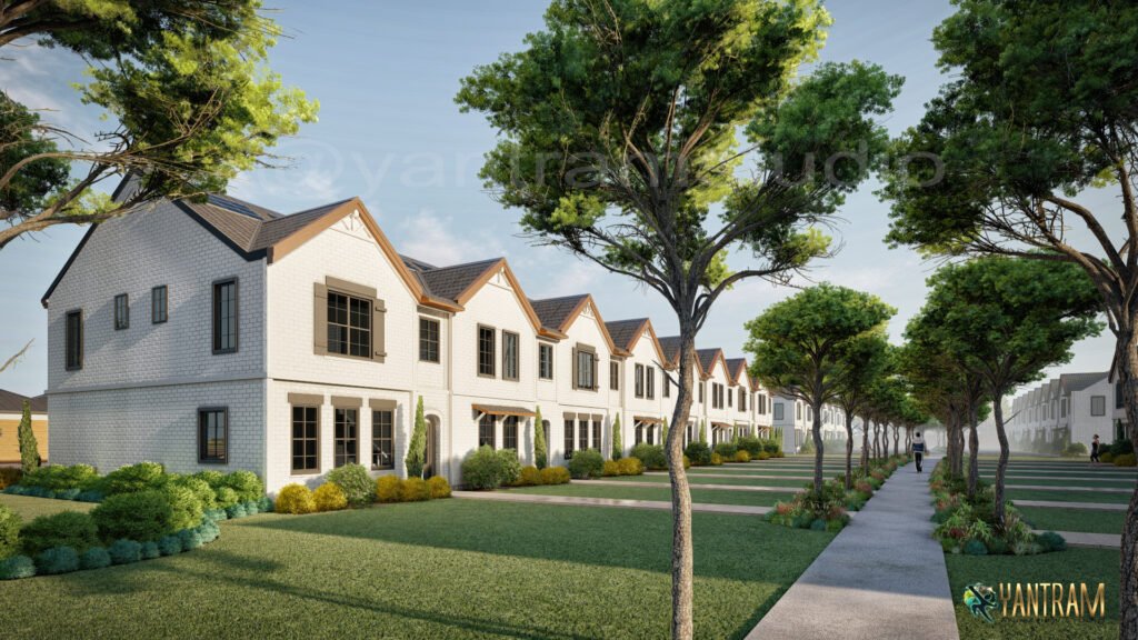Row housing residential community 3D rendering with tree-lined pathway, landscaped gardens, and modern suburban homes