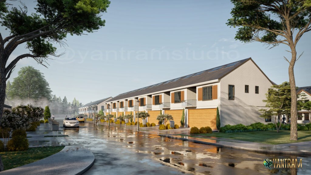 Modern townhouse row housing 3D rendering with wet street reflections, landscaped surroundings, and contemporary residential design