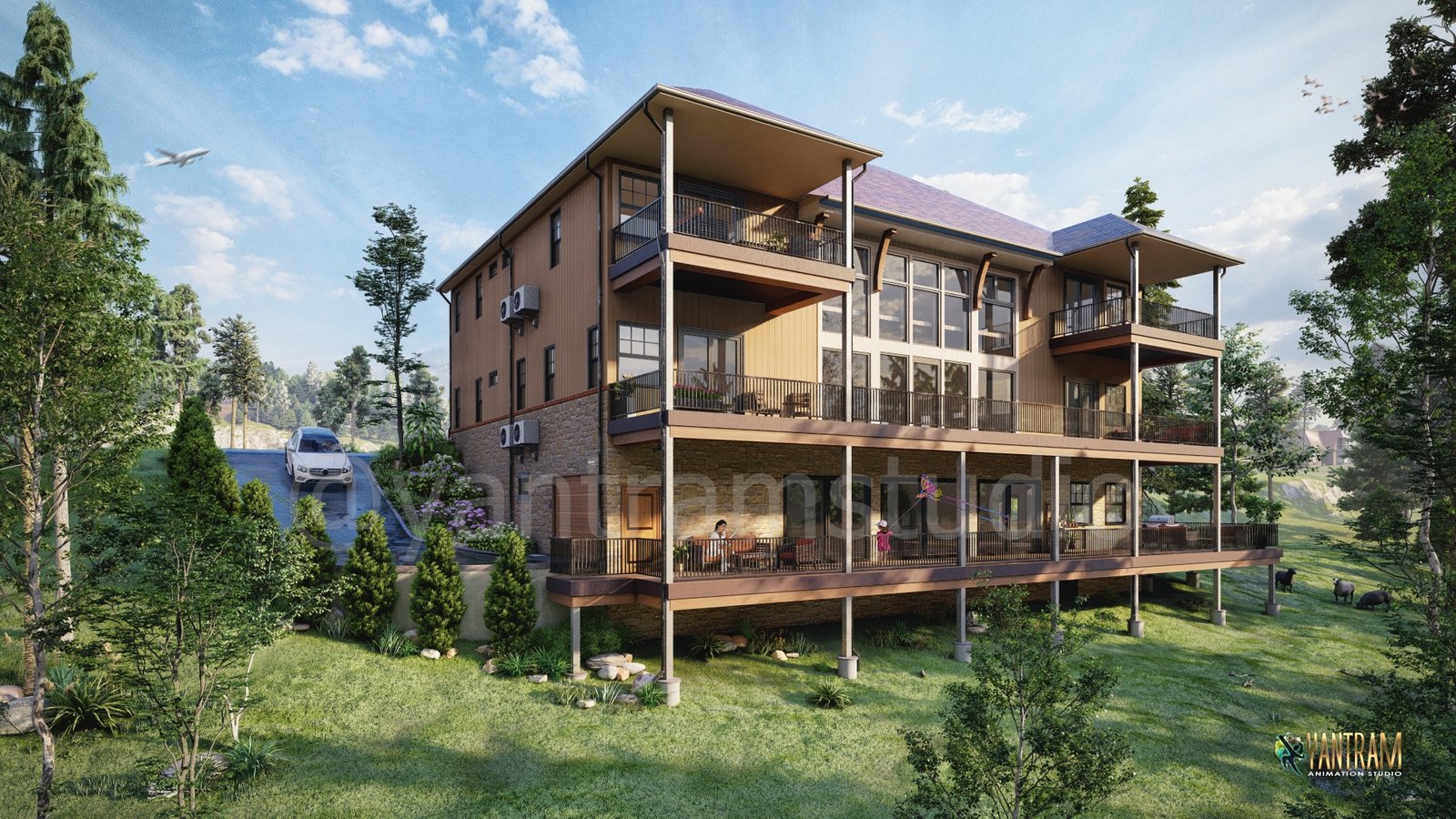 3D exterior rendering of a modern apartment complex with landscaped grounds, parked cars, gated fencing, and wet reflective pavement after rain – 3D visualization by Yantram Studio,