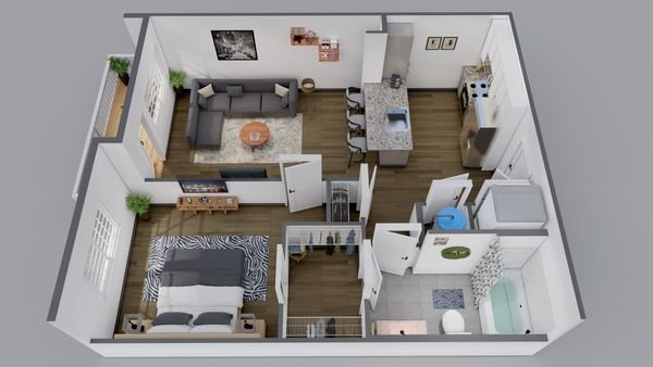 3D overhead floor plan rendering of a Philadelphia residential apartment with two master bedrooms, attached washrooms, kitchen, and garage layout