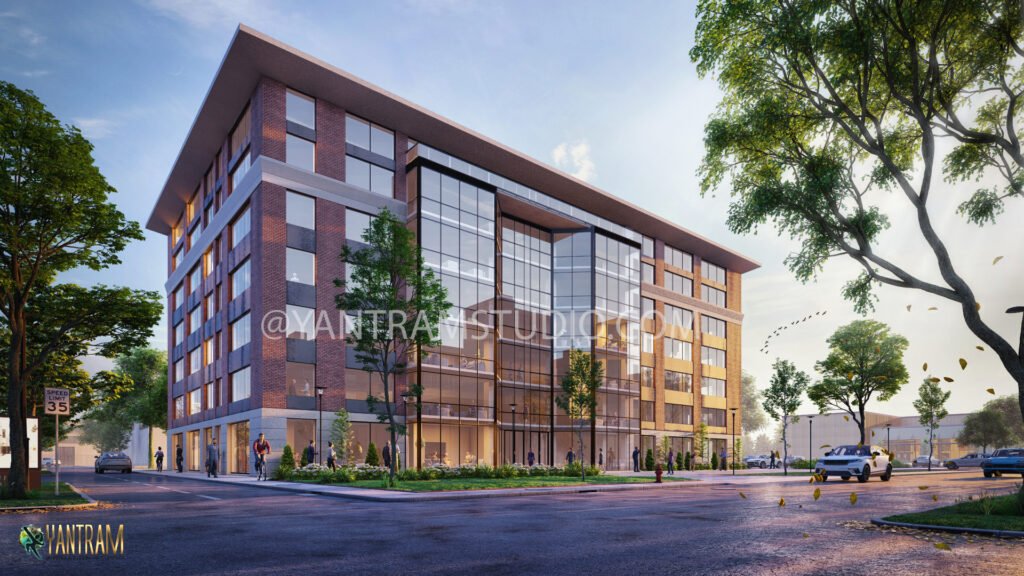 Modern Office Building Exterior 3D Rendering | Commercial Architectural Visualization Modern commercial office building exterior with glass facade and brick architecture – photorealistic 3D architectural visualization