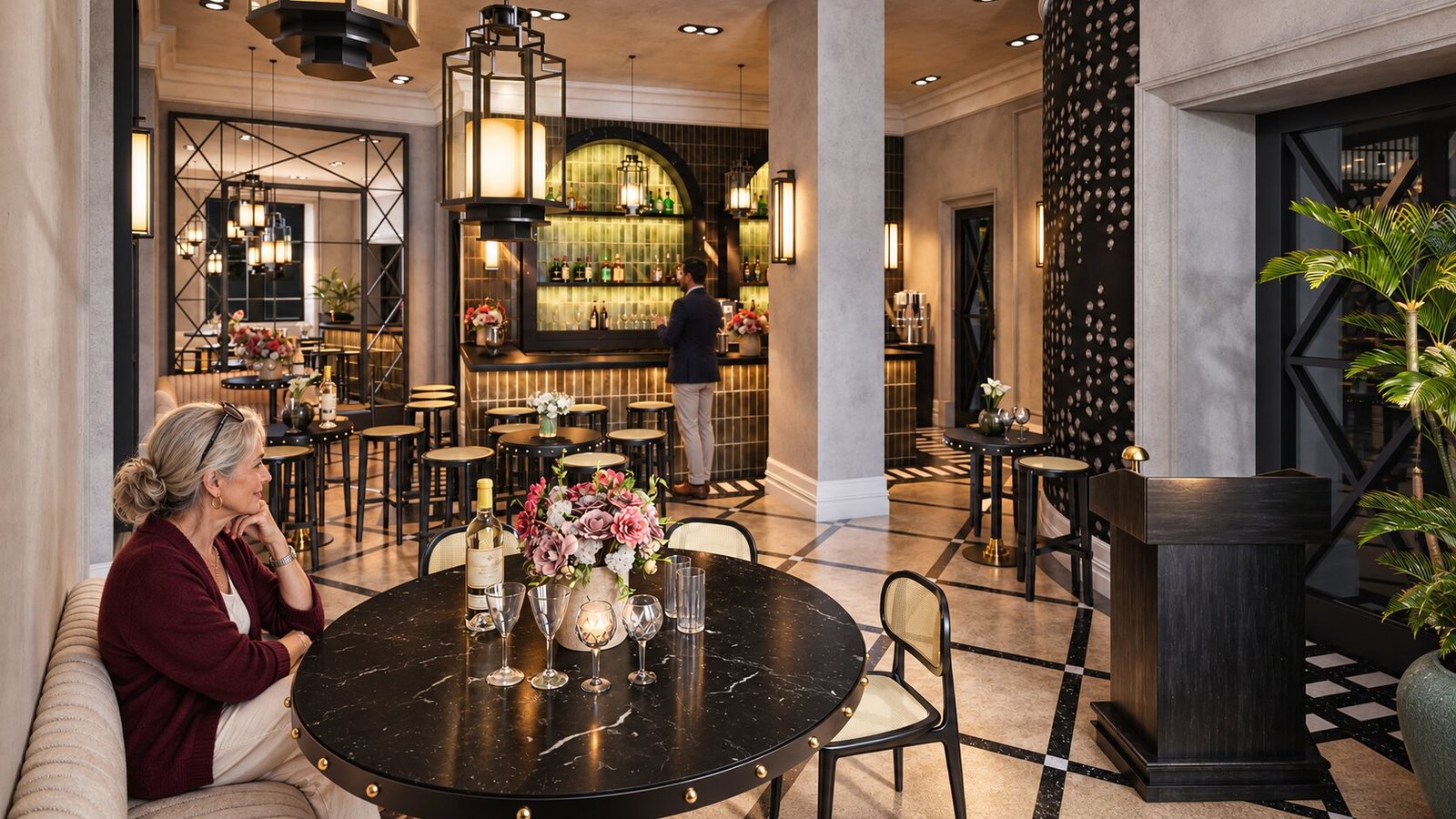 Dining area with a bar and floral centerpiece