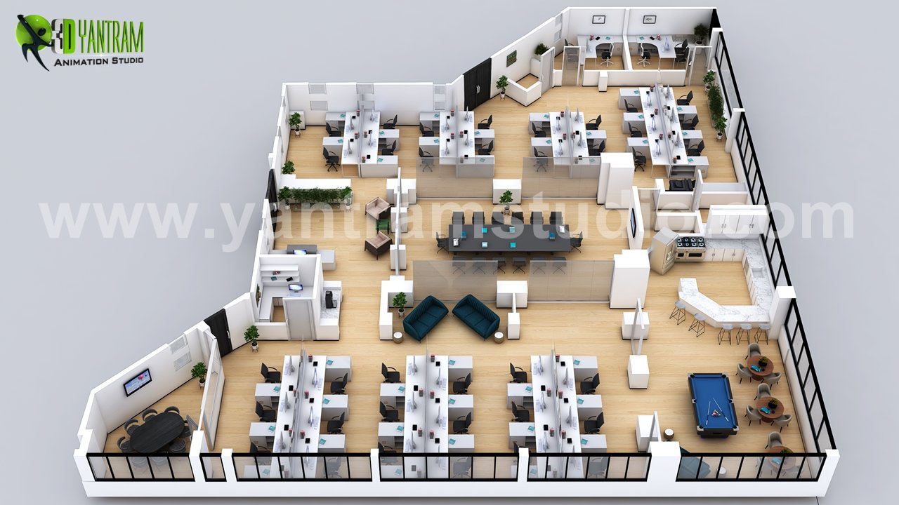 3D floor plan design of modern office — 3D Floor Plan Visualization Hotels Uk Canada