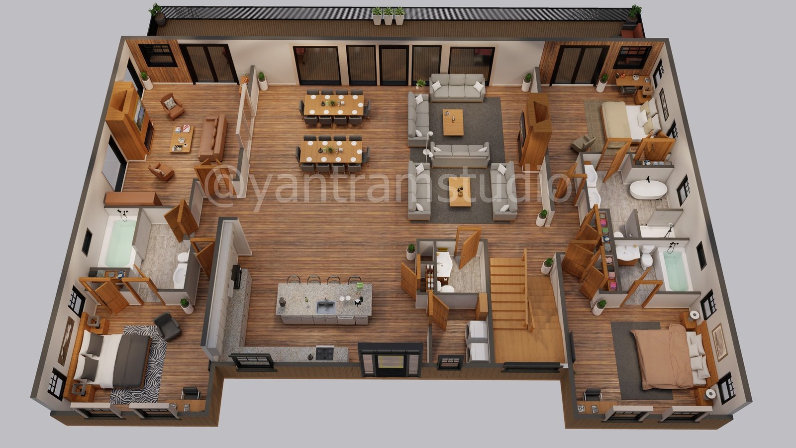 3D floor plan of modern residential house with living room, kitchen, bedrooms, and bathrooms layout