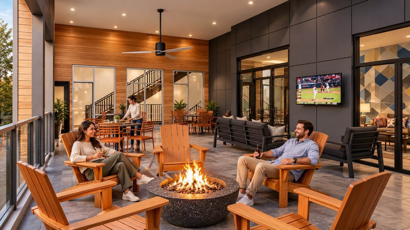 Outdoor lounge area with a fire pit and seating