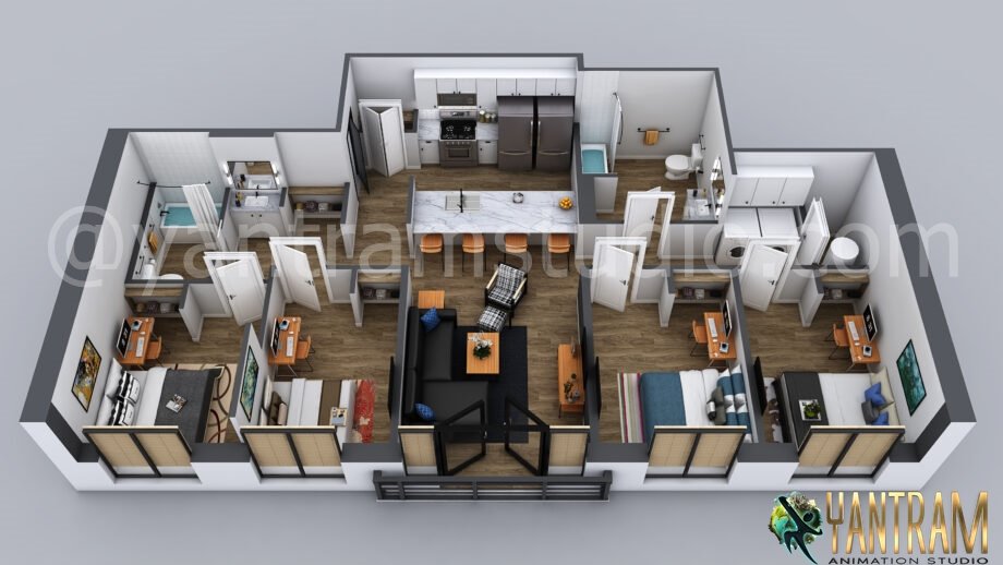 architectural, rendering, studio, animation, floor plan, visualization, services, design, Idea, residential, home, apartment, villa, bungalow, ground floor, 2000 sq ft, 4 bedroom, kitchen, living room, company, modeling