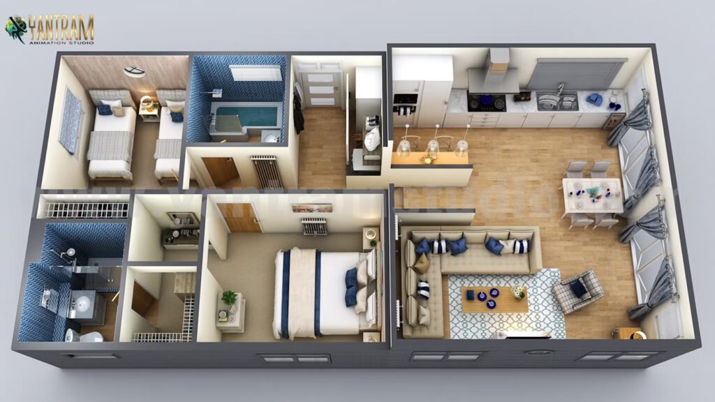 Detailed 3D floor plan of a residential apartment showing two bedrooms, multiple bathrooms, kitchen dining area, and garage from overhead