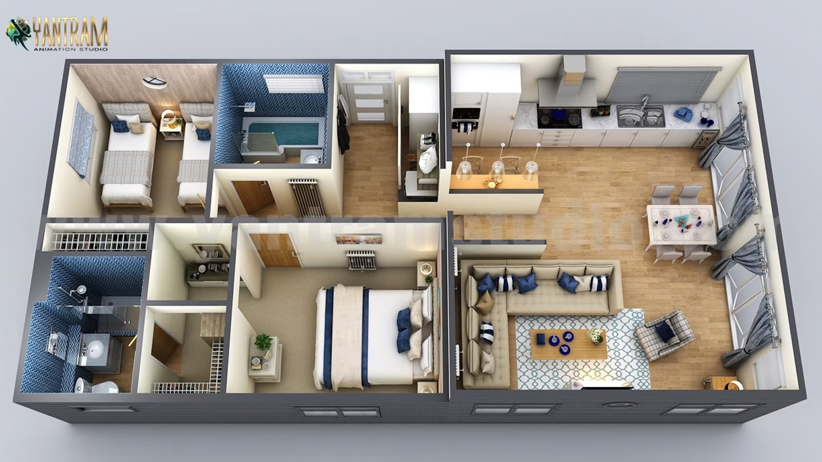 Detailed 3D floor plan of a residential apartment showing two bedrooms, multiple bathrooms, kitchen dining area, and garage from overhead
