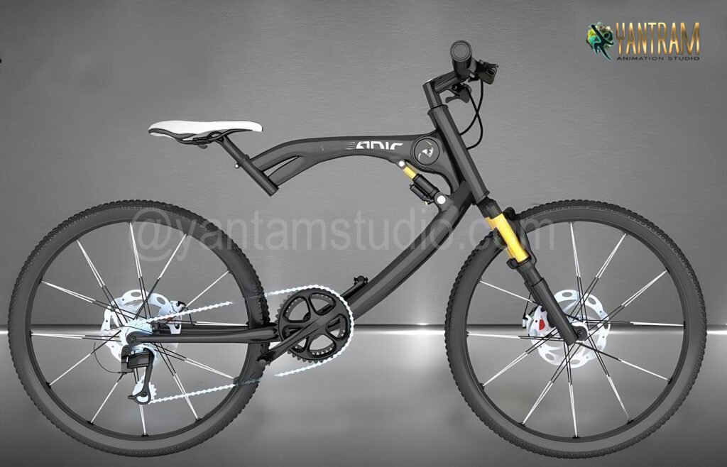 Full Suspension Mountain Bike 3D Product Rendering Photorealistic 3D render of a modern full suspension mountain bicycle in side view
