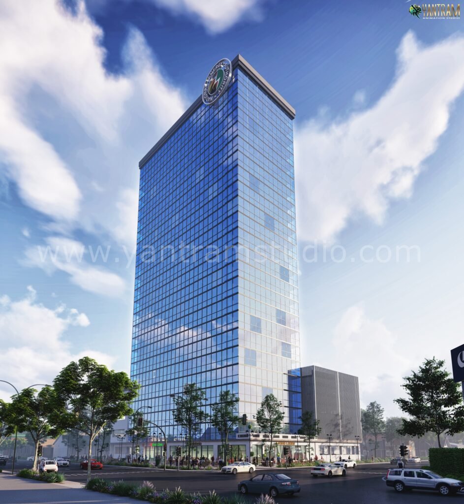 Modern glass skyscraper 3D rendering with reflective curtain wall façade, corporate logo at rooftop, urban street landscaping, and blue sky background.
