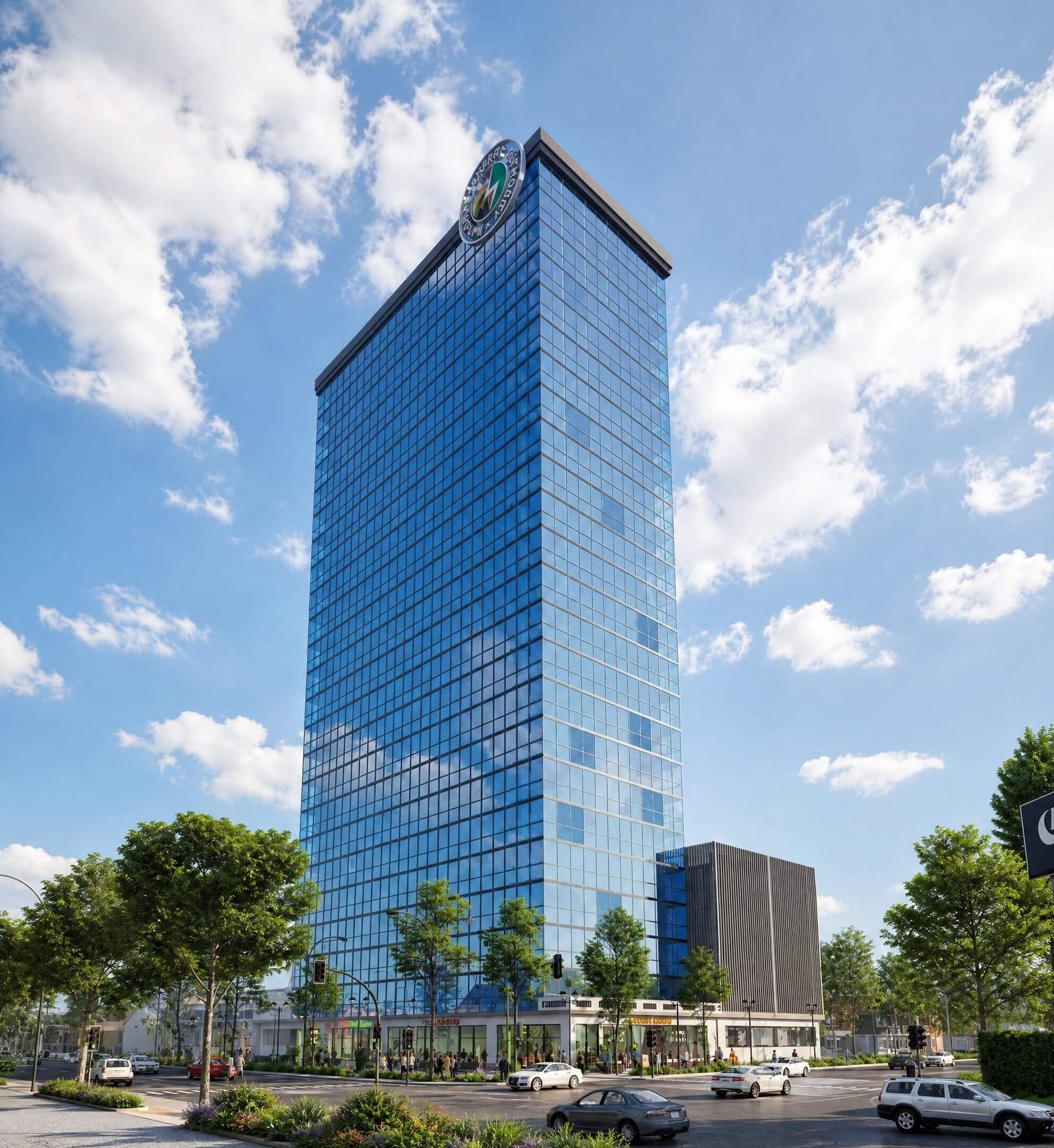 A modern high-rise building in Madrid with a glass facade.