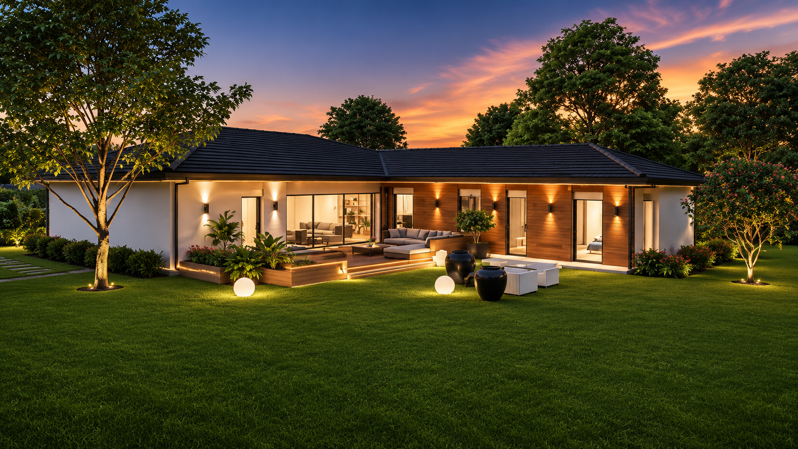 Modern residential home with illuminated facade and manicured front yard at dusk in Dallas