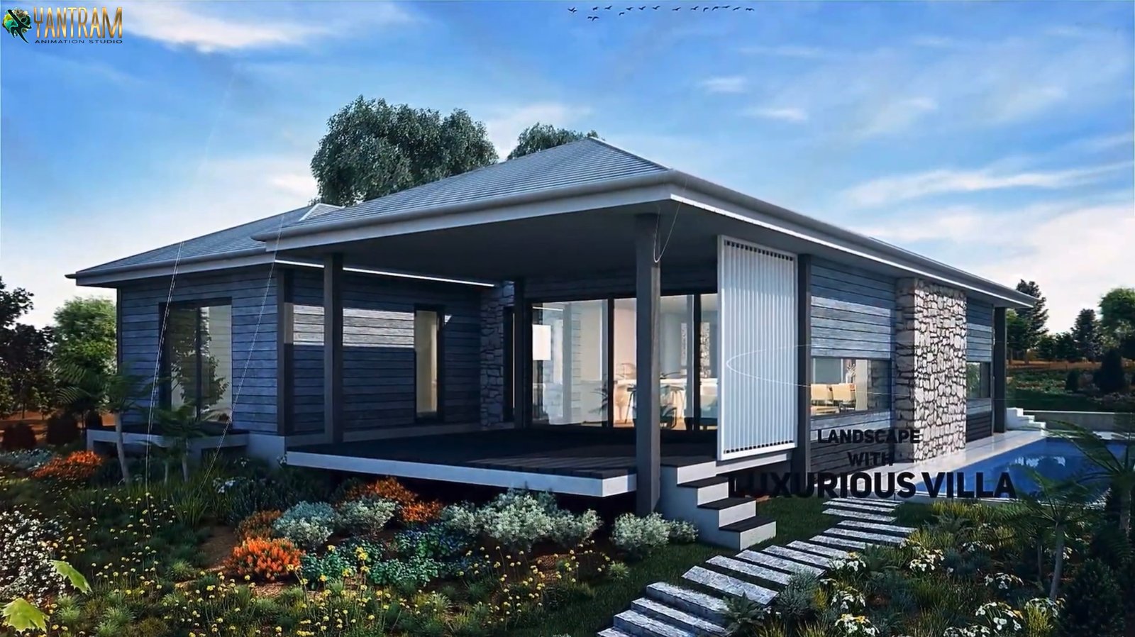 Photorealistic 3D rendering of a modern lakeside villa with large glass windows, stone façade, landscaped garden, and waterfront surroundings by Yantram Studio.