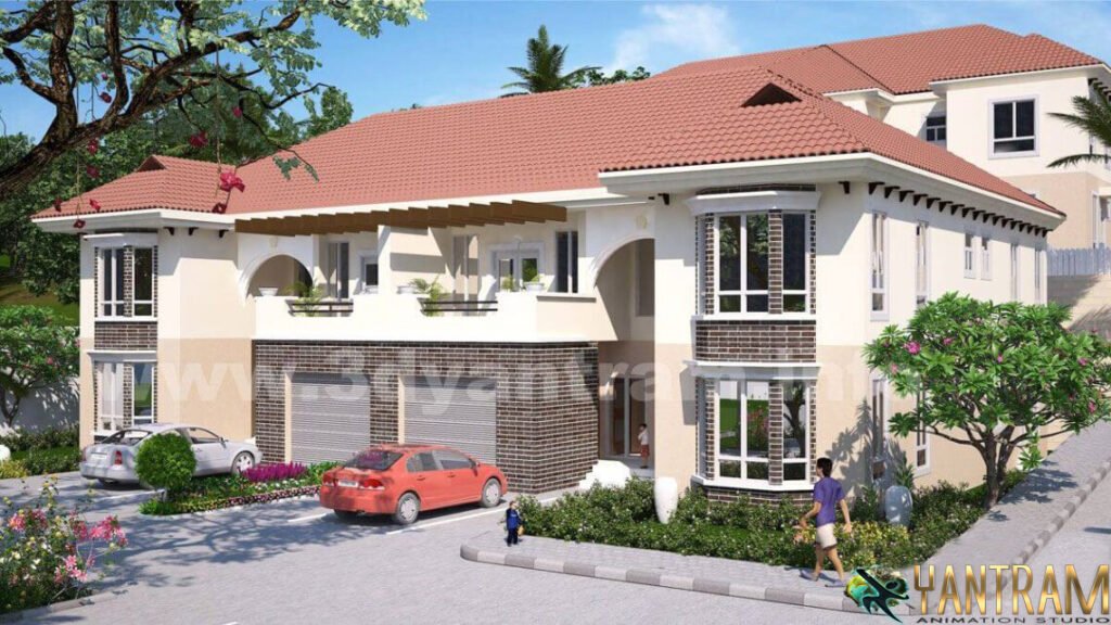 Modern two-story suburban house with tiled roof, garage, landscaped garden, and contemporary residential design.