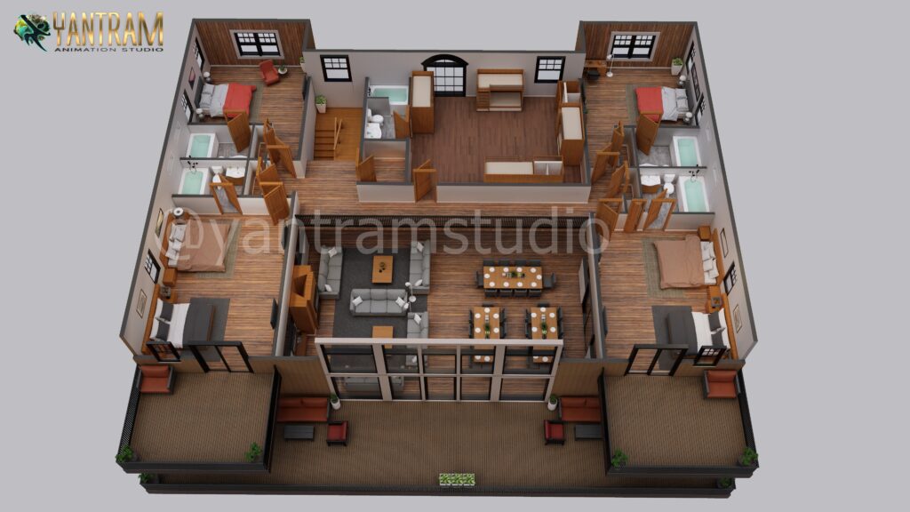 Isometric 3D floor plan rendering showing spatial depth and room connections in a multi-bedroom residential apartment
