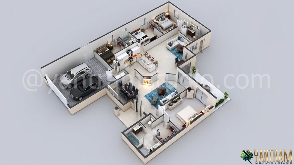 architectural, rendering, studio, animation, visualization, services, design, Idea, residential, house, bungalow, home, floor plan, living room, 1500sq ft, creator, modeling, agency, 4 bedroom, ground floor, kitchen, parking, dining area