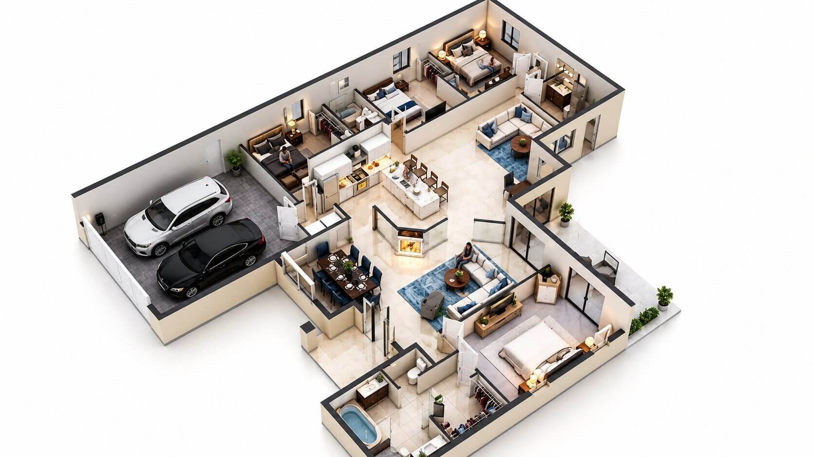 Two-story residential floor plan with four bedrooms, three bathrooms, living areas, kitchens, and modern interior design elements