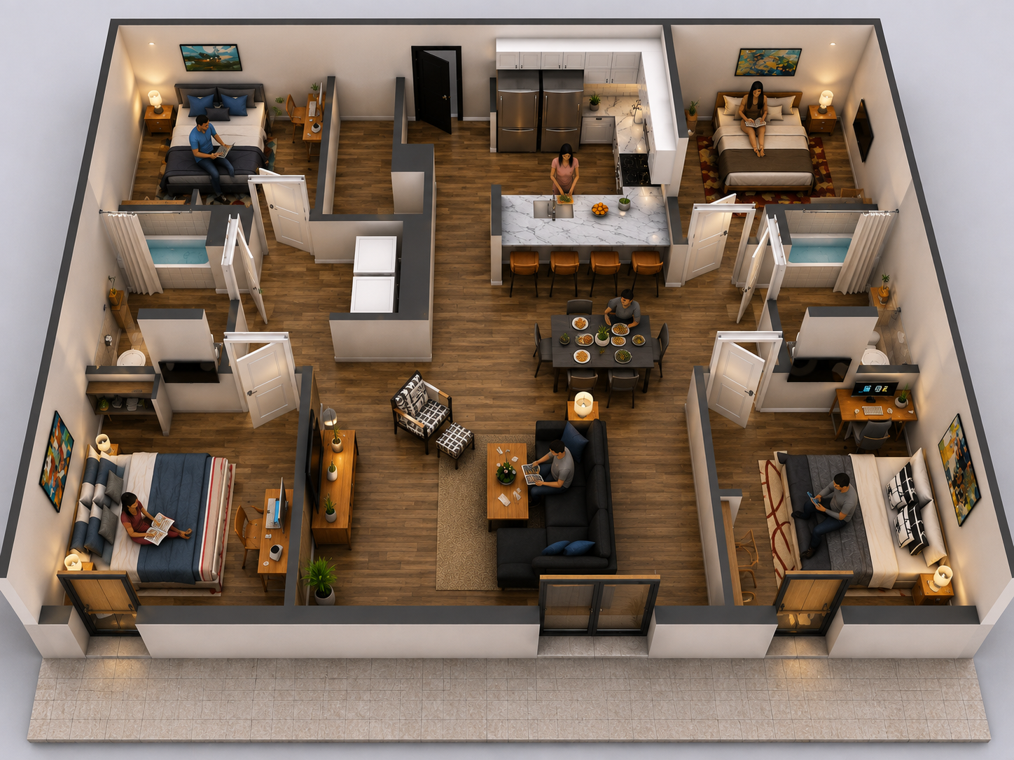 Four-unit residential floor plan showing symmetrical layout with two-bedroom units, common living spaces, kitchens, and professional lighting design