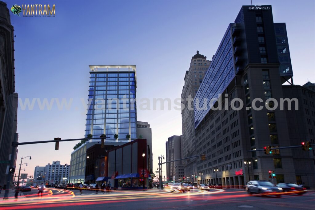 Modern Commercial High-Rise Exterior 3D Rendering in Cityscape Modern commercial high-rise building exterior 3D rendering in an urban city street with traffic lights and evening lighting.