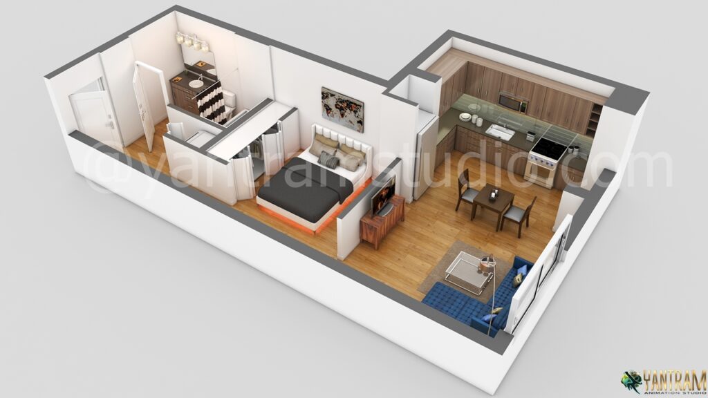 architectural, rendering, studio, animation, visualization, services, design, Idea, residential, house, bungalow, home, floor plan, living room, 2000sq ft, 1 bedroom, ground floor, kitchen, dining area, agency