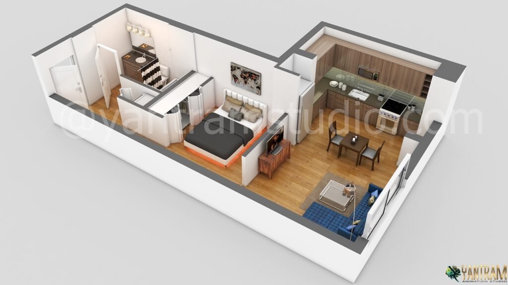 architectural, rendering, studio, animation, visualization, services, design, Idea, residential, house, bungalow, home, floor plan, living room, 2000sq ft, 1 bedroom, ground floor, kitchen, dining area, agency