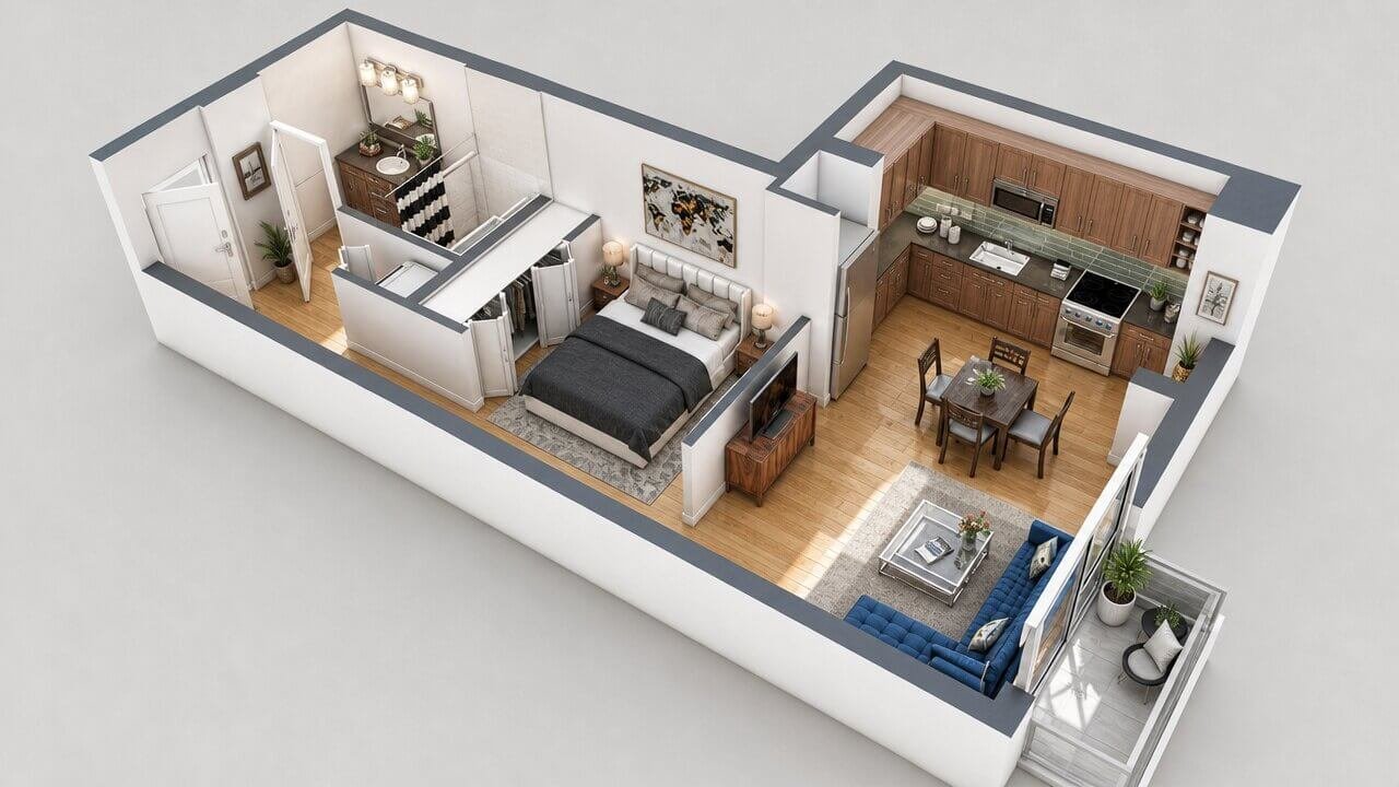 3D floor plan rendering with tilted camera angle showing kitchen, living room, bedroom, and bathroom placement with textured flooring
