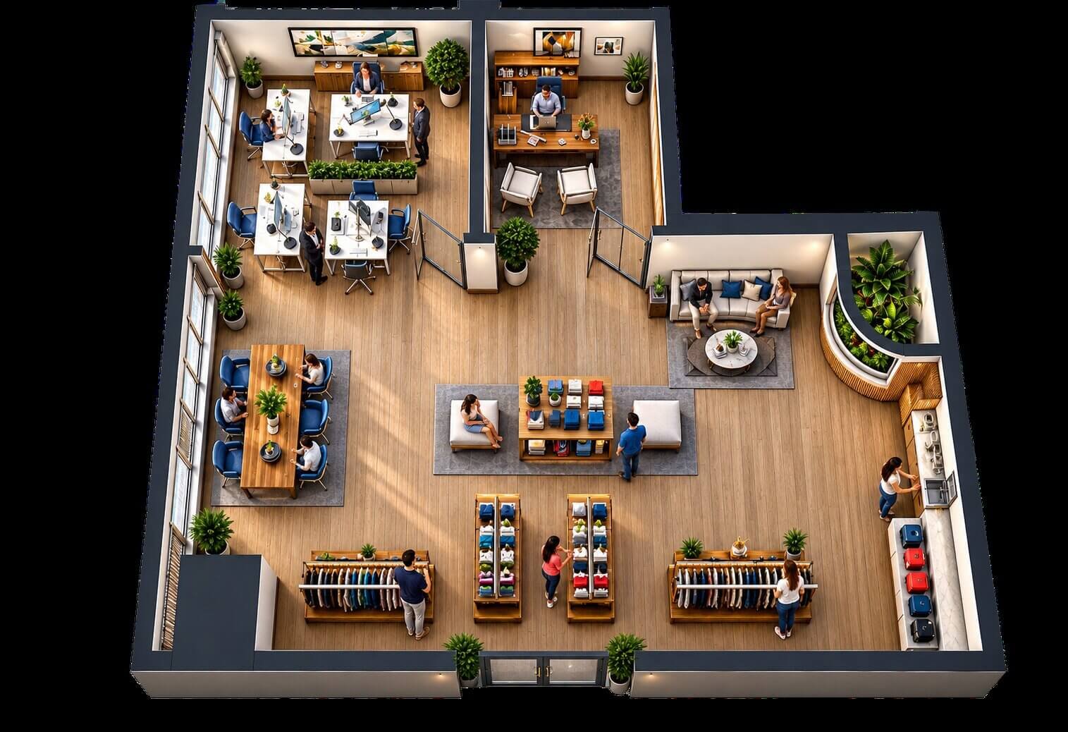 Open-concept modern boutique showroom floor plan rendering with spacious layout in California