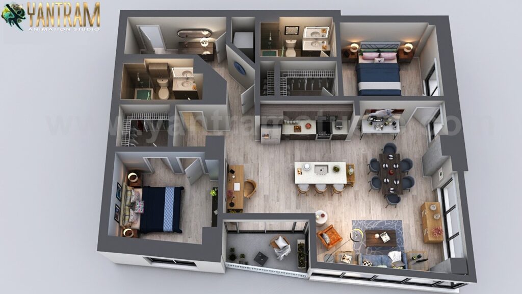 architectural, rendering, studio, animation, visualization, services, design, Idea, residential, house, bungalow, home, floor plan, living room, Dining, ground floor, 2000sq ft, creator, kitchen, modeling, agency, 2 bedroom, firm, company, companies, view