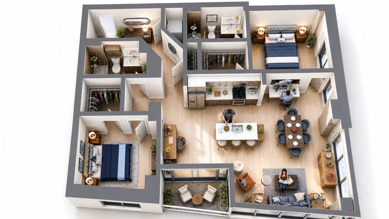 3D floor plan rendering of a visionary house — Floor Plan Califonia