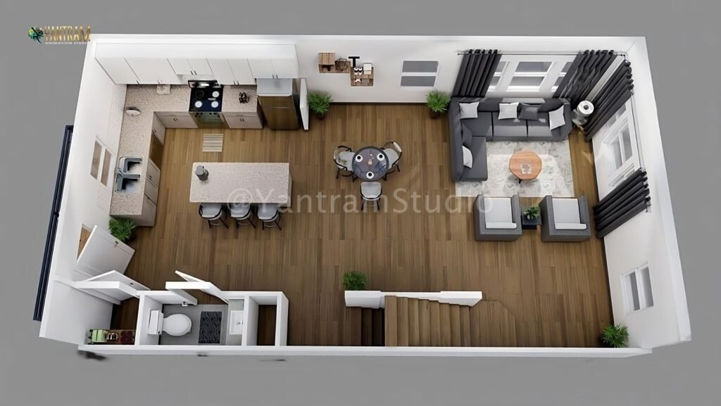 architectural, rendering, studio, animation, visualization, services, design, Idea, residential, house, bungalow, home, floor plan, Livingroom, Dining, ground floor, 1500sq ft, creator, kitchen, modeling, agency