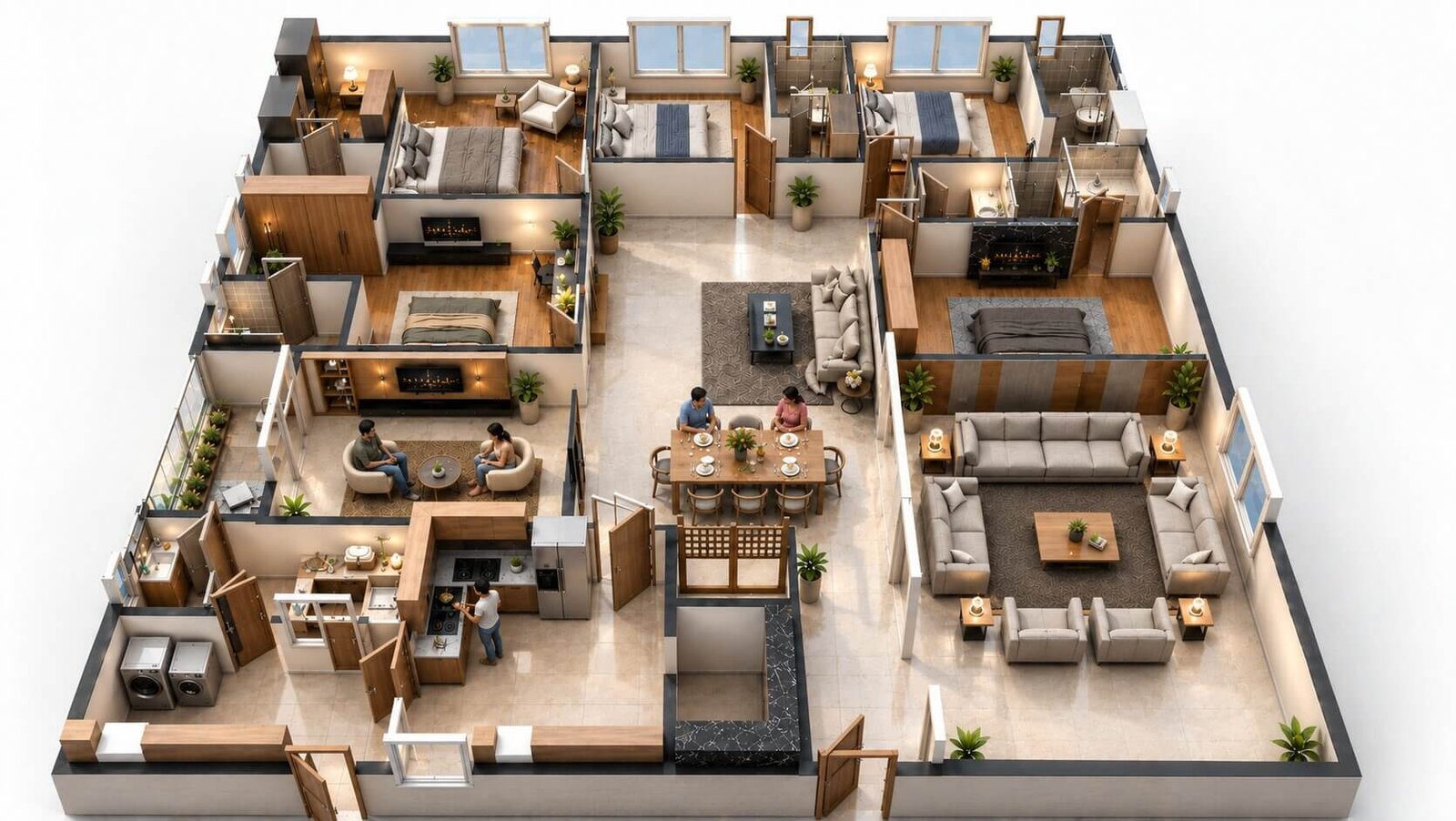 3D floor plan render of a residential house layout in New York showing furniture placement and room sizing