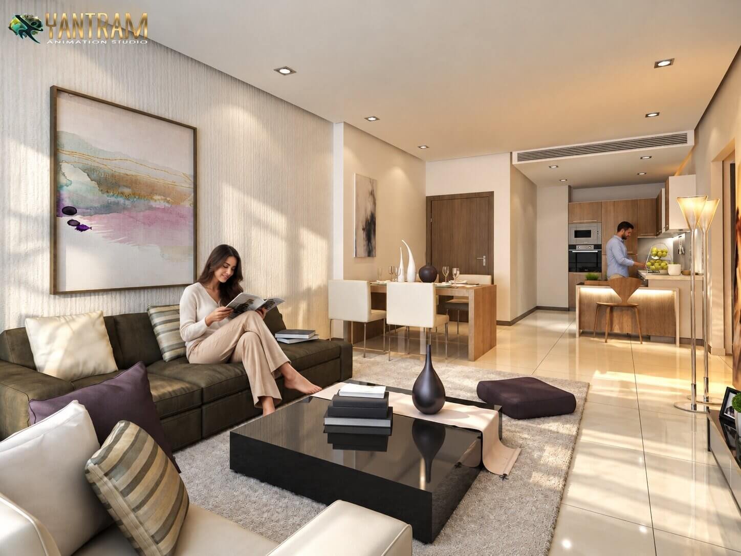 Coastal living room interior rendering showcasing modern design elements.