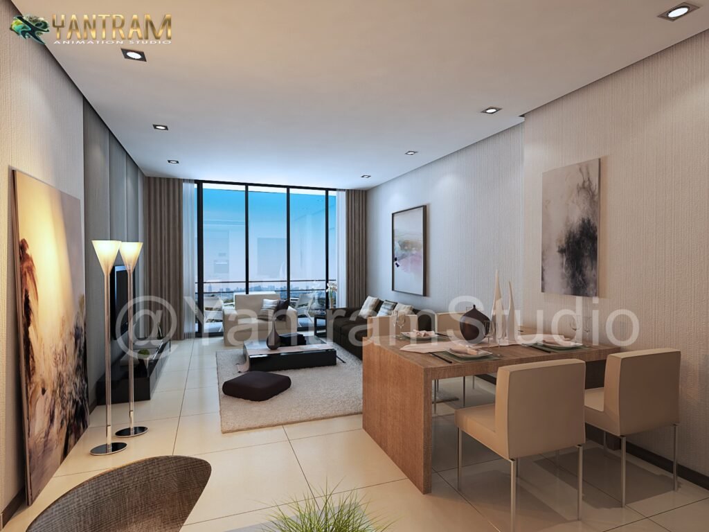 Living room with floor-to-ceiling windows, dining area, and wood cabinetry overlooking Houston skyline