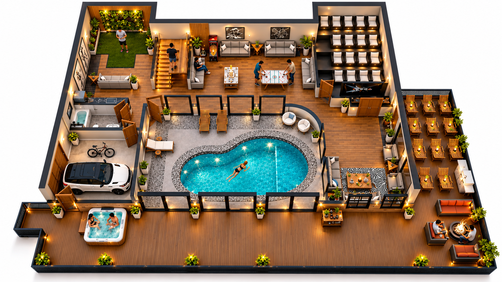 Large multi-family floor plan featuring central pool area, surrounding residential units, parking, outdoor lounge spaces, and landscaping