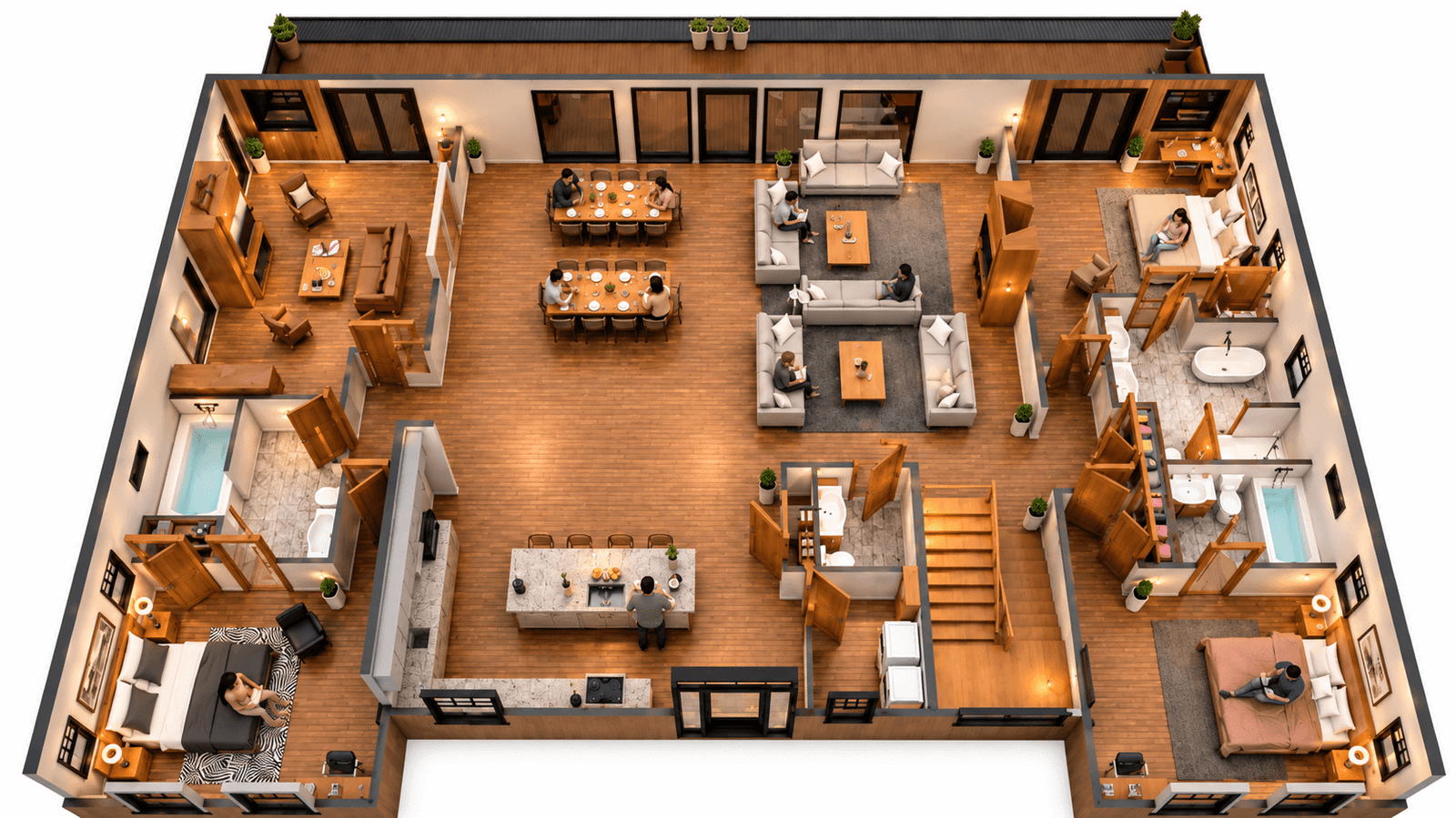 Large-scale floor plan showing multiple residential units, central circulation, dining areas, bedrooms, and ambient evening lighting throughout
