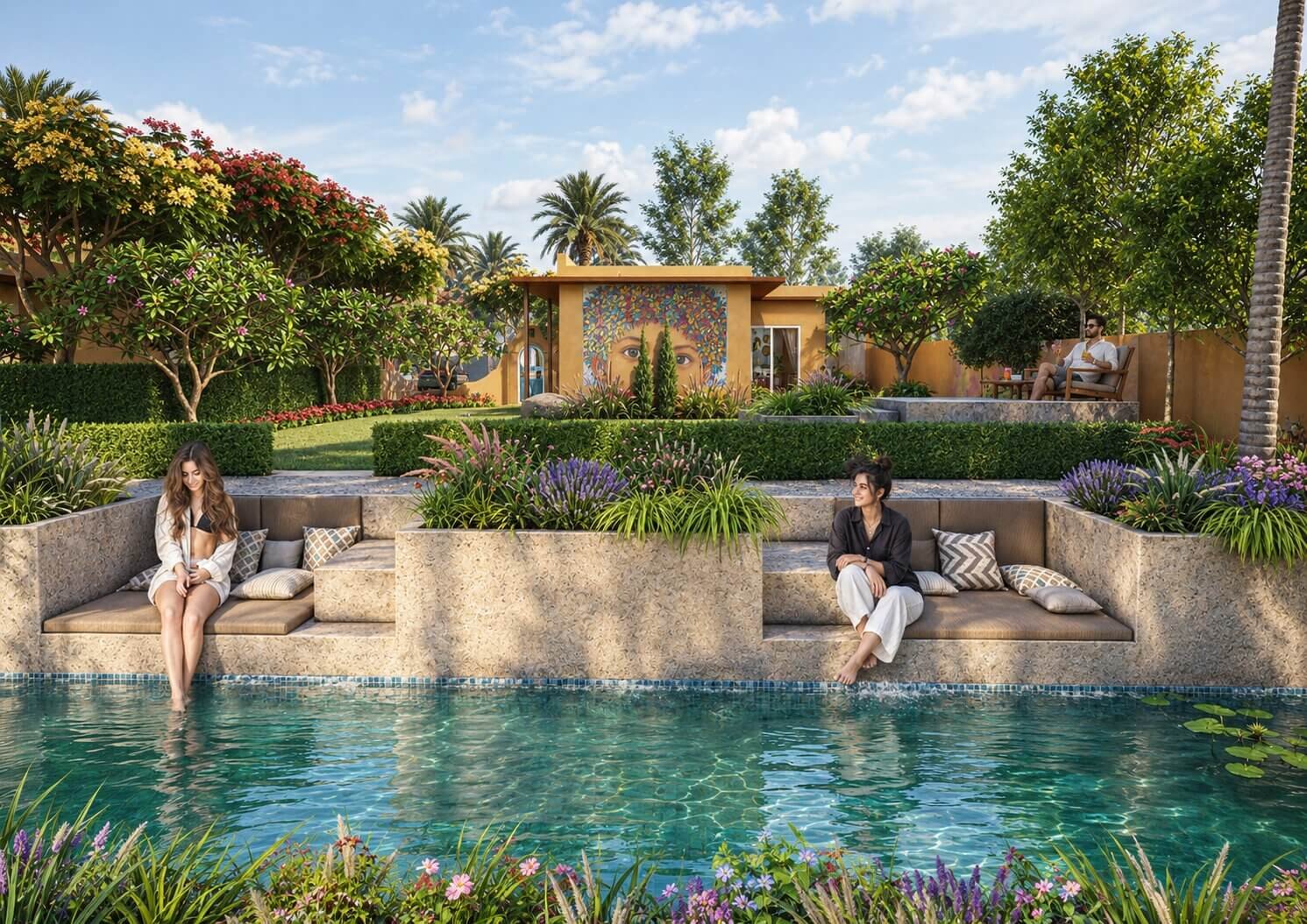 Luxury backyard landscape 3D rendering with pond seating area, garden plants, modern house, and outdoor relaxation space. – 3D architectural visualization by Yantram Studio