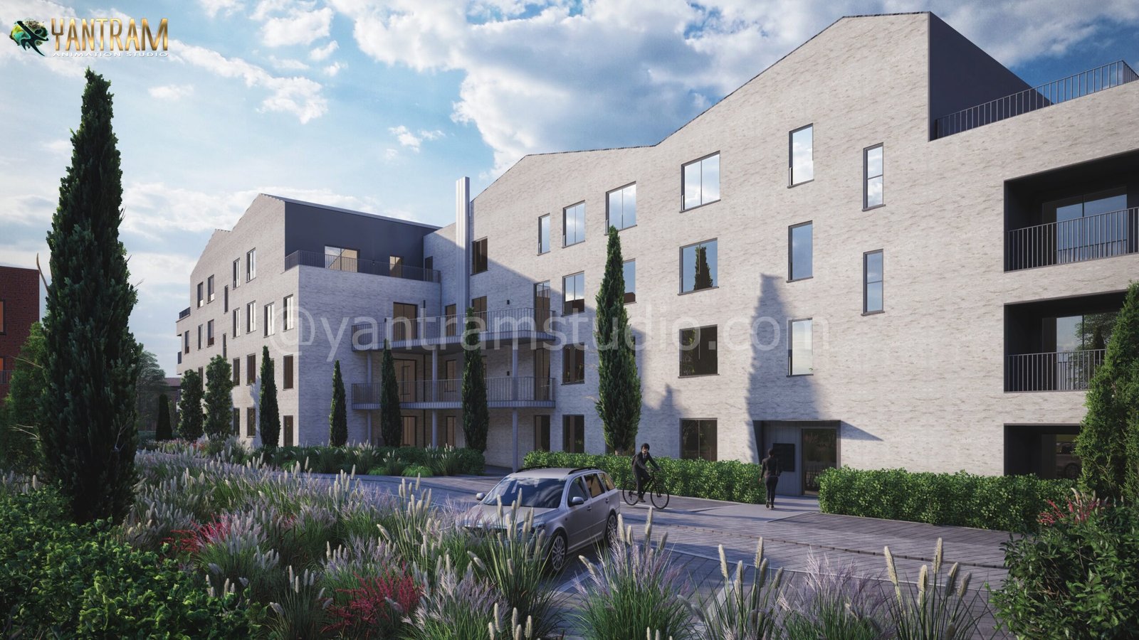 Exterior rendering of modern multi-story residential building with mixed materials and ground-level planting