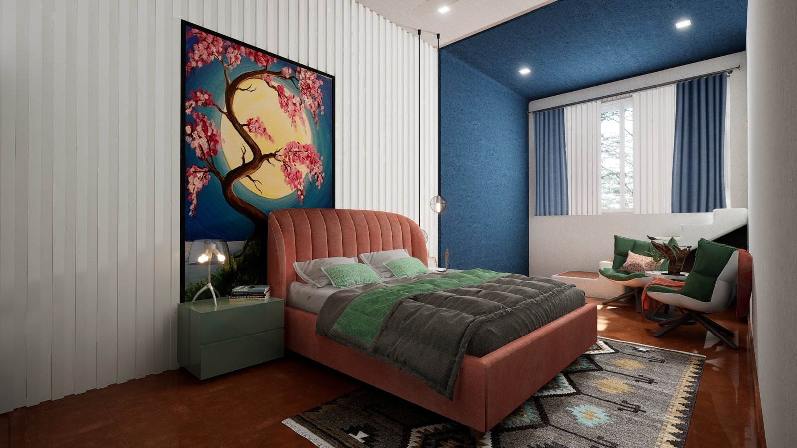 Modern bedroom interior 3D rendering with blue accent wall, upholstered bed, artwork, and contemporary decor.
