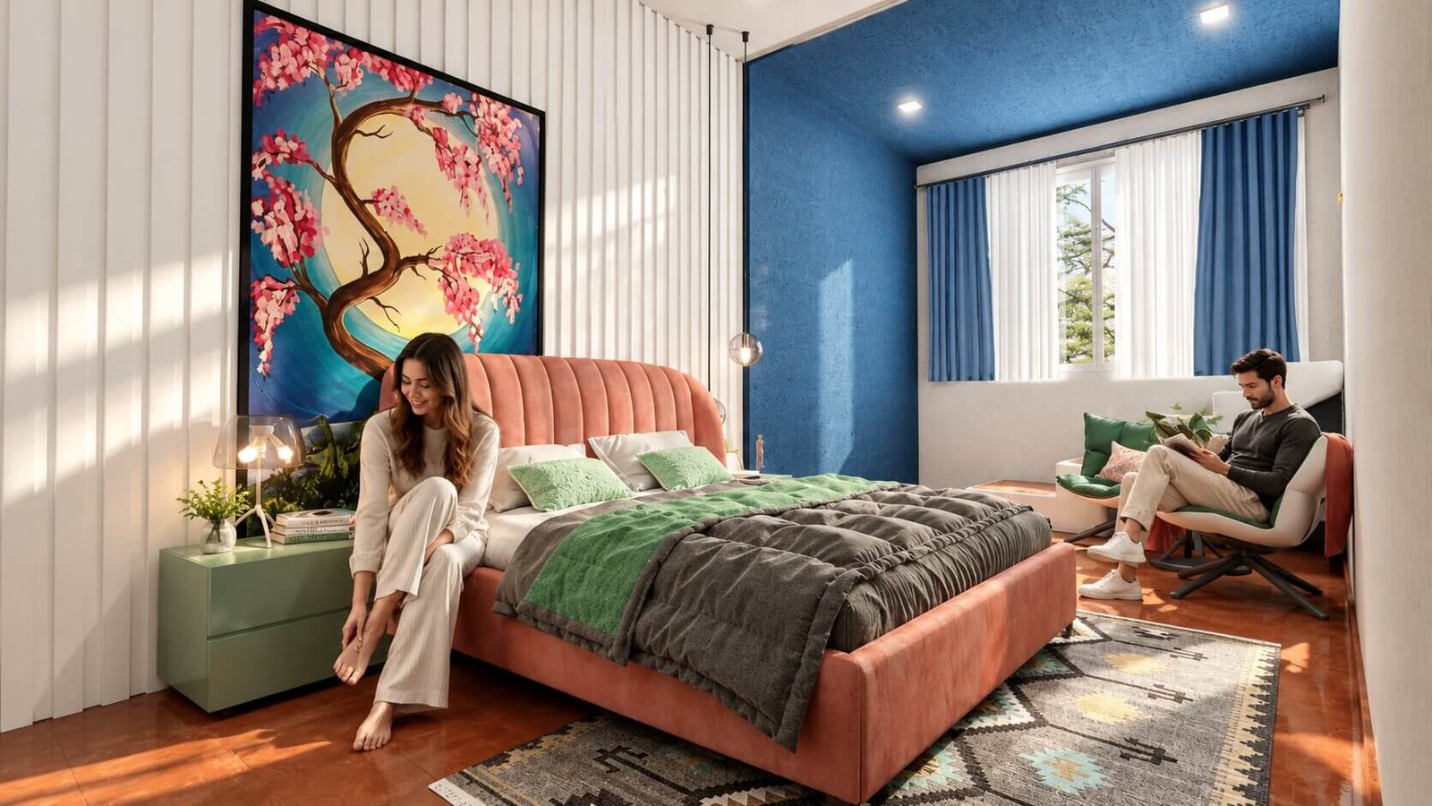 Modern bedroom interior 3D rendering with blue accent wall, upholstered bed, artwork, and contemporary decor.