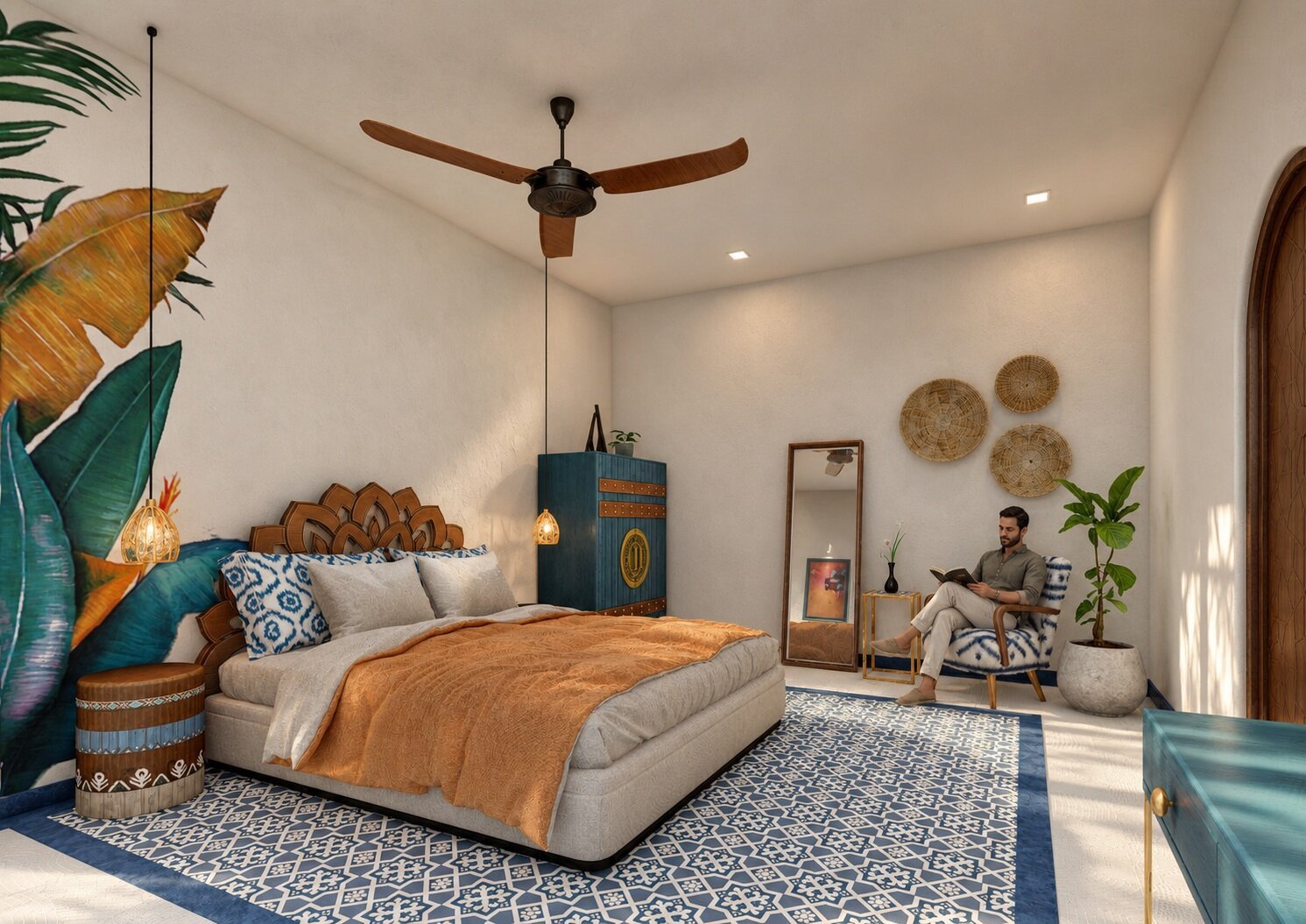 A stylish bedroom featuring modern furnishings and decor. — 3D Interior Rendering