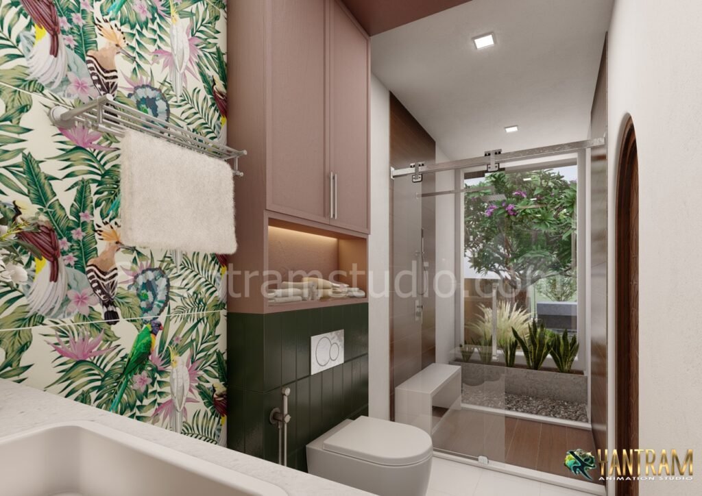Modern bathroom interior with tropical wallpaper, glass shower enclosure, and contemporary fixtures in 3D rendering.