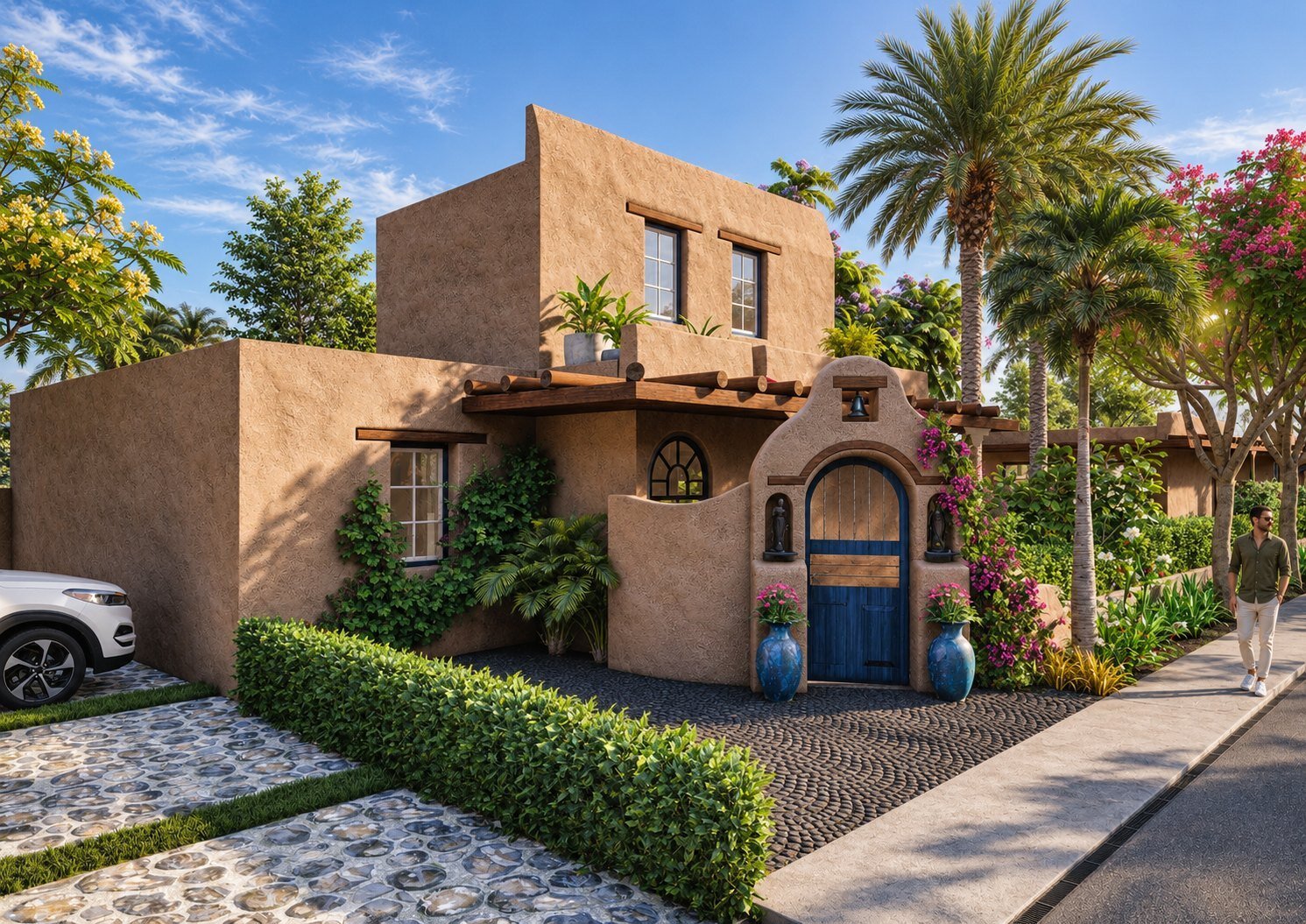 Exterior view of a villa showcasing unique architectural features. — 3D Architectural Walkthrough