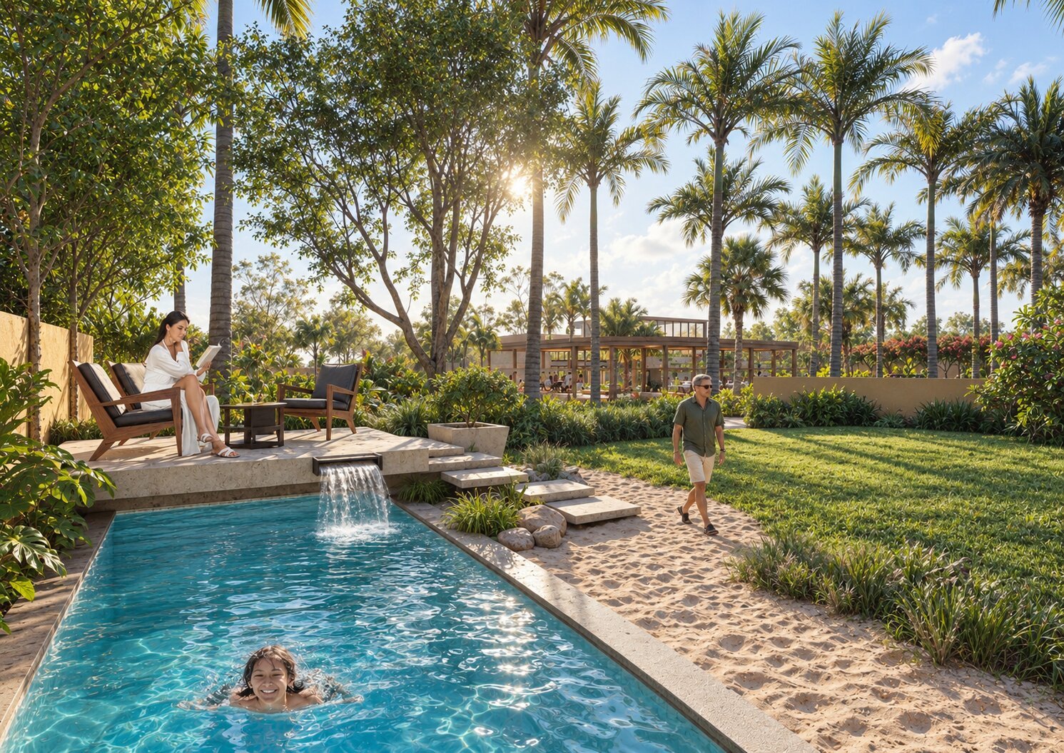 A serene poolside view with lush landscaping in a villa setting.