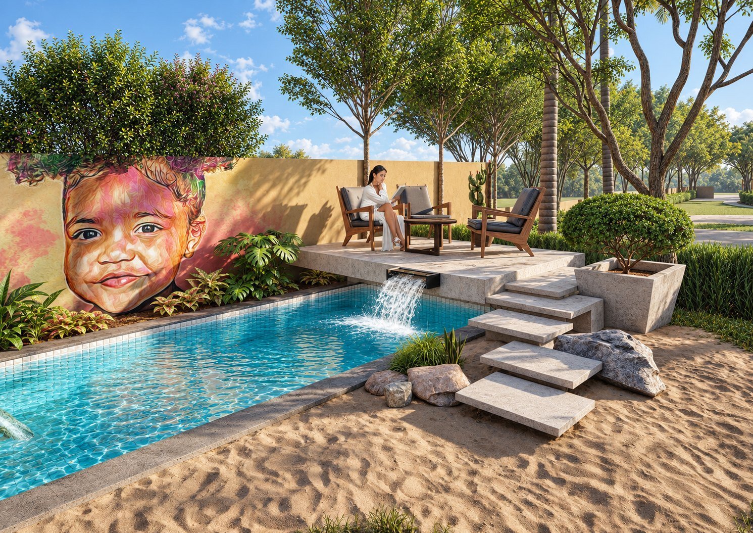 A serene poolside view with lush landscaping and seating areas.