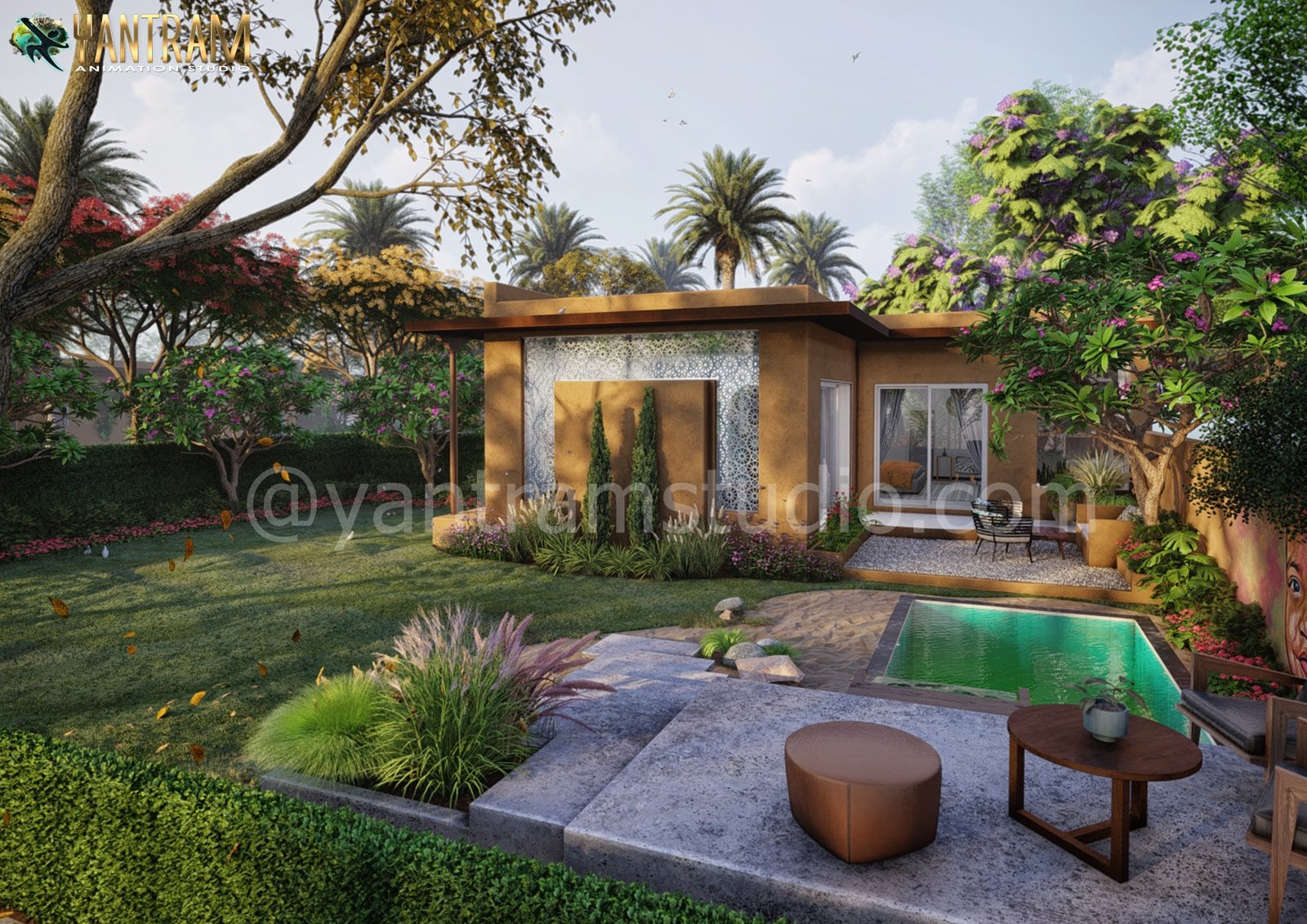 Luxury backyard landscape 3D rendering with modern house, swimming pool, garden plants, and outdoor seating area. – 3D rendering by Yantram Studio