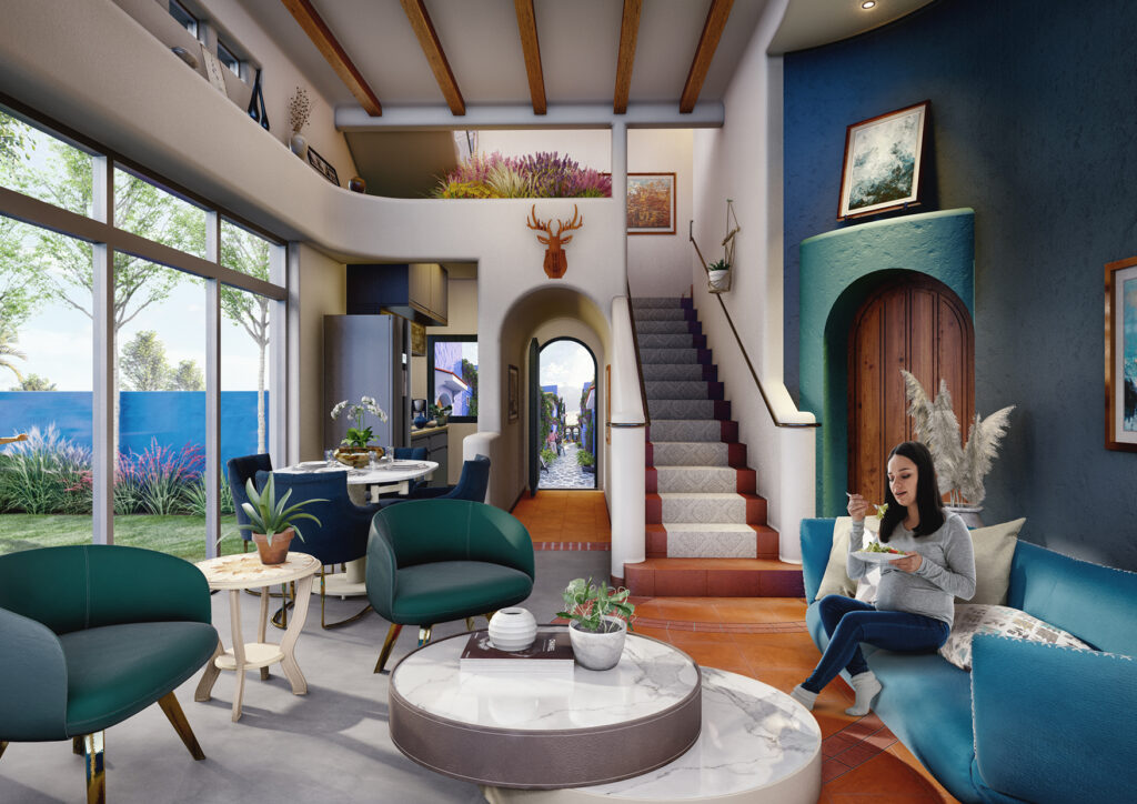 3d interior visualization, living room, kitchen Greek design idea 3D Architectural Rendering Service and hotel Resorts