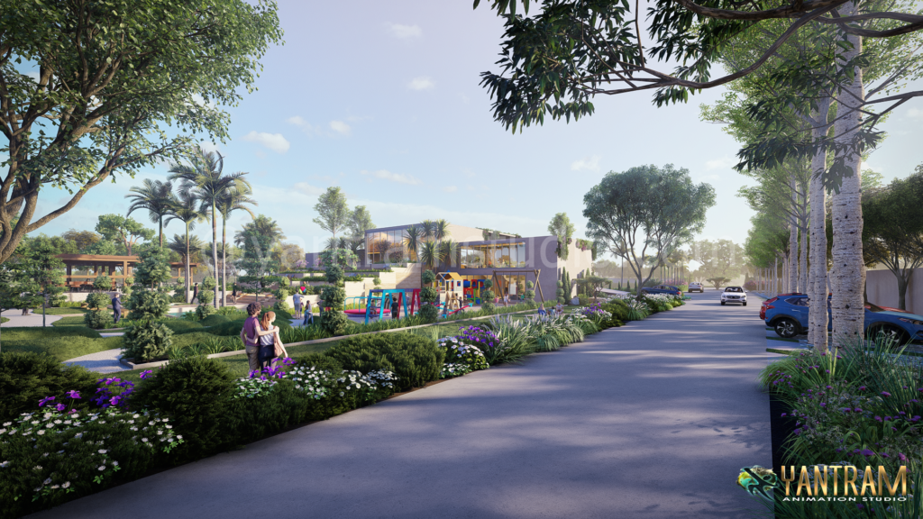 Photorealistic 3D rendering of a landscaped residential street with trees, flower beds, walking paths, and modern community park.